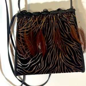 Moo Roo Handbag  Gorgeous Rare Black/Bronze wristlet style w/feathers & beads.
